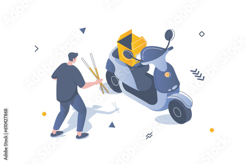Food delivery concept in 3d isometric design. Man receives his order parcel from restaurant using fast courier shipping on scooter. Vector illustration with isometric people scene for web graphic