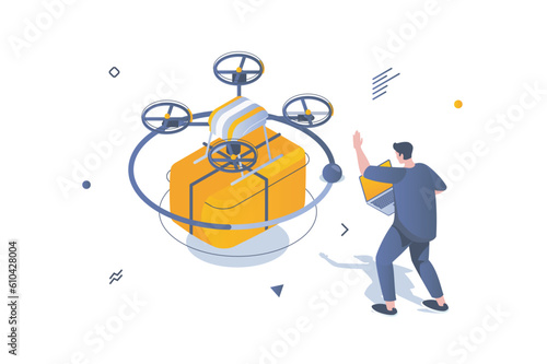 Food delivery concept in 3d isometric design. Man using flying drone for express shipping of meal box from ordering restaurant menu. Vector illustration with isometric people scene for web graphic
