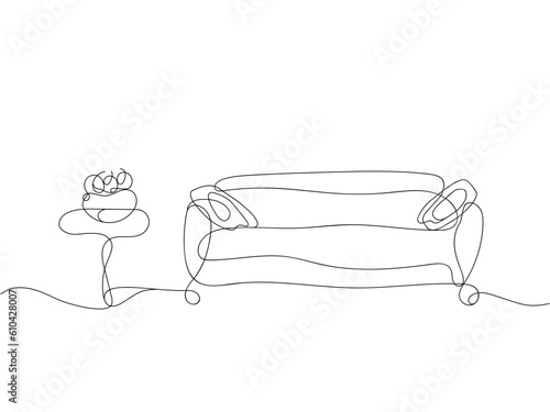 Continuous one line drawing of sofa and table with plate and fruit on it