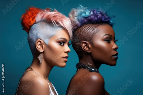 Multiethnic beauty portrait of two mixed race fashion women with creative hairstyles and makeup on blue background, different nation, multiracial friends concept, AI Generated