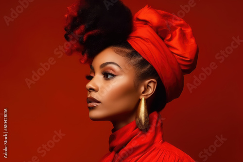 Young beauty stylish african american woman on red background, closeup portrait of black girl with beautiful makeup and hairstyle, AI Generated