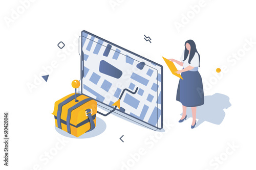 Food delivery concept in 3d isometric design. Woman ordering meal box from restaurant and tracks package using online map at screen. Vector illustration with isometric people scene for web graphic