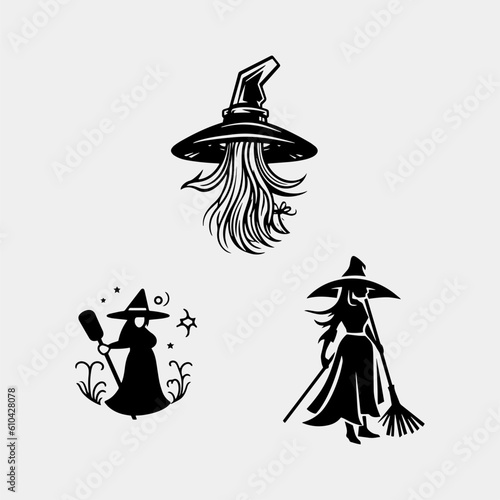 set of Silhouette of a witch flying on a broomstick vector isolated on white background