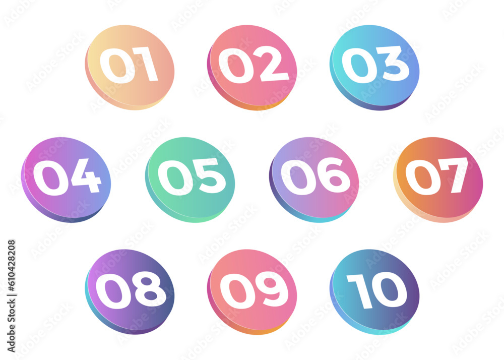 3D style bullet points numbers from one to ten illustration. 3D style bullet points numbers from one to ten illustration.
