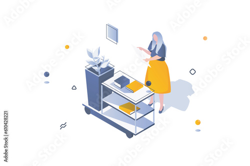 Home interior concept in 3d isometric design. Woman standing by bookshelf with books on shelves. Furnishing and decoration in room. Vector illustration with isometric people scene for web graphic