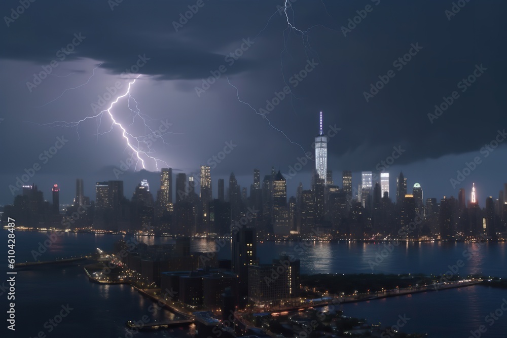 Fototapeta premium new york skyline in storm lightning and thunder , generative artificial intelligence 