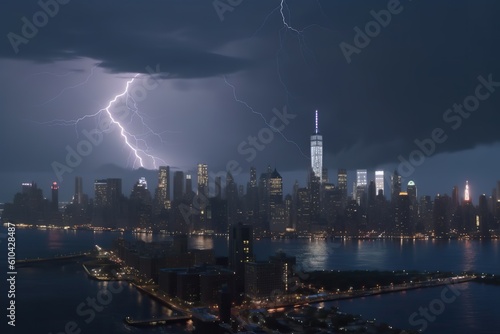 new york skyline in storm lightning and thunder , generative artificial intelligence 