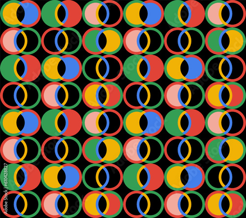 seamless pattern with circles. Vector image of stylized rings. Background for printed materials. Seamless pattern. The intersection of circles. Colored circles on a black background.