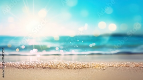 Tropical summer sand beach and bokeh sun light on sea background. Generative AI