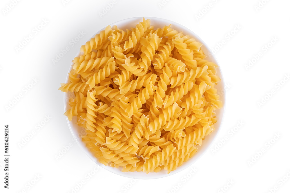 Fusilli in bowl and isolated on white background. Raw pasta spiral shape, ingredient for cook, traditonal italian cuisine. Fusilli in bowl and isolated on white background. Raw pasta spiral shape, ingredient for cook, traditonal italian cuisine.
