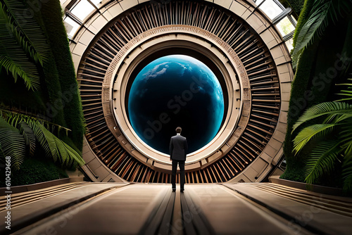 A surrealistic image with a person holding a camera in front of a giant lens-shaped portal leading to another world 