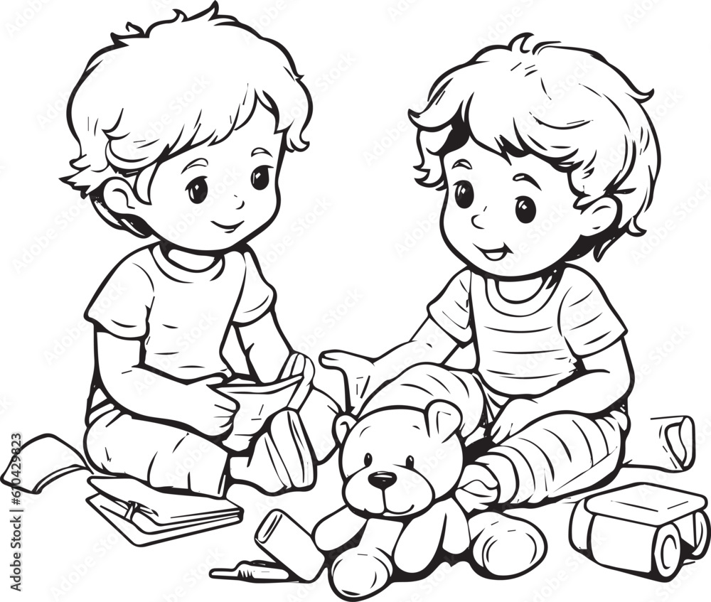 Kids playing, colouring book for kids, vector illustration Kids playing, colouring book for kids, vector illustration