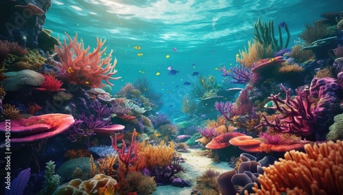 Under water in the ocean coral reef with fish, ai