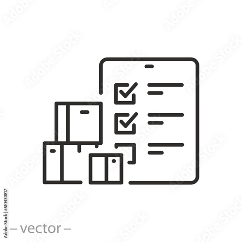 warehouse management icon, inventory or goods control, boxes with tablet, line symbol on white background - editable stroke vector illustration eps10