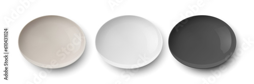 Vector 3d Realistic Beige, White, Black Empty Porcelain, Ceramic Plate Icon Closeup Isolated. Design Template for Mockup. Stock Vector Illustration. Front, Top, Side View
