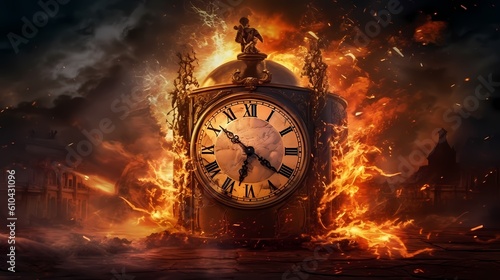 A clock on fire, time - image created with AI