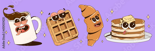 Cute food characters illustration. Funky retro groovy coffee, waffle, croissant, pancake. Contemporary mascots for cafe, restaurant, bar. Vector art.