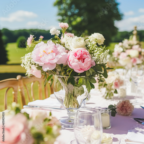 Country life, garden and floral decor, peony flowers bouquet in the countryside, country cottage style, generative ai