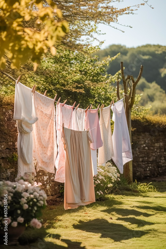 Wallpaper Mural Laundry, housekeeping and homemaking, fresh clean clothes and linen drying outdoors in the garden, country cottage style, generative ai Torontodigital.ca
