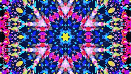 Star symmetry. Kaleidoscope effect from wavy shiny liquid surface with distorted circles like drops of paint in oil. Creative background with multicolor gradient. 3d render