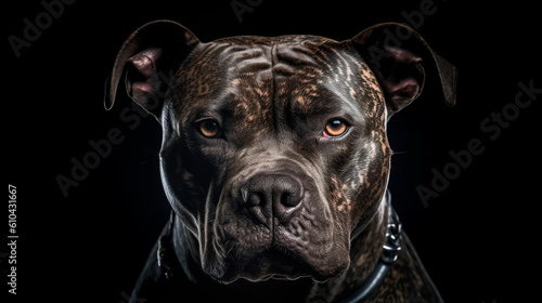 Portrait closeup head shot of Pitbull or American bully, Pit bull looking badass. His piercing gaze he intimidates. Generative Ai.