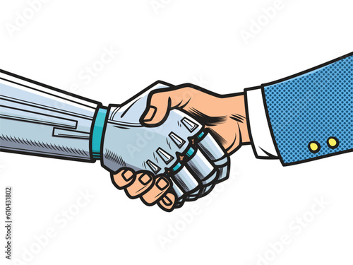 Modern android and human handshake. Artificial intelligence and human cooperation. Vector illustration isolated on white background