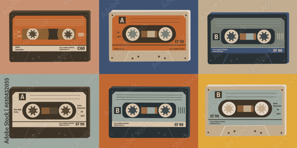 Obraz premium A set of retro audio cassettes background.