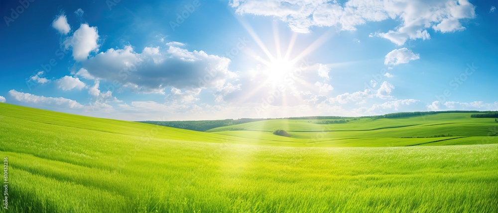 Natural panoramic landscape with spring meadow with curved horizon line. Field bright juicy green grass against a blue sky with clouds and sun flare