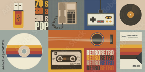 Various old-fashioned items on a retro background. Concept retro or vintage background.