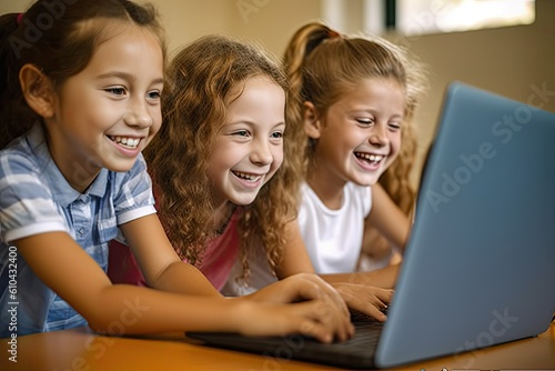 back to school, smiling children playing with a laptop at a classroom. Generative AI © Adriana