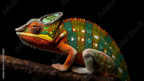 closeup view of cute colorful exotic chameleon isolated on green, generative AI tools
