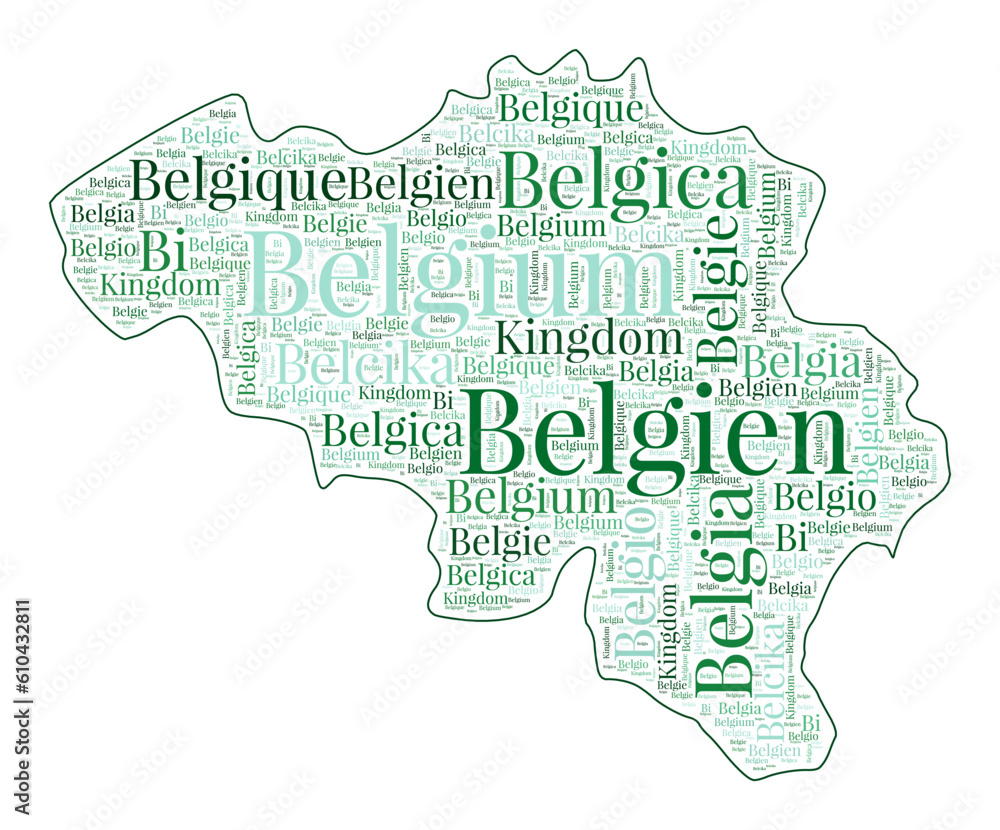 Belgium shape filled with country name in many languages. Belgium map in wordcloud style. Classy vector illustration.