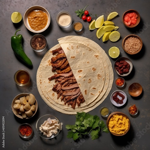 Doner and shawarma product layout, pita stuffing, meat and vegetables, banner with space for text. Concept: Quick bite, fast food dish. Generative AI 