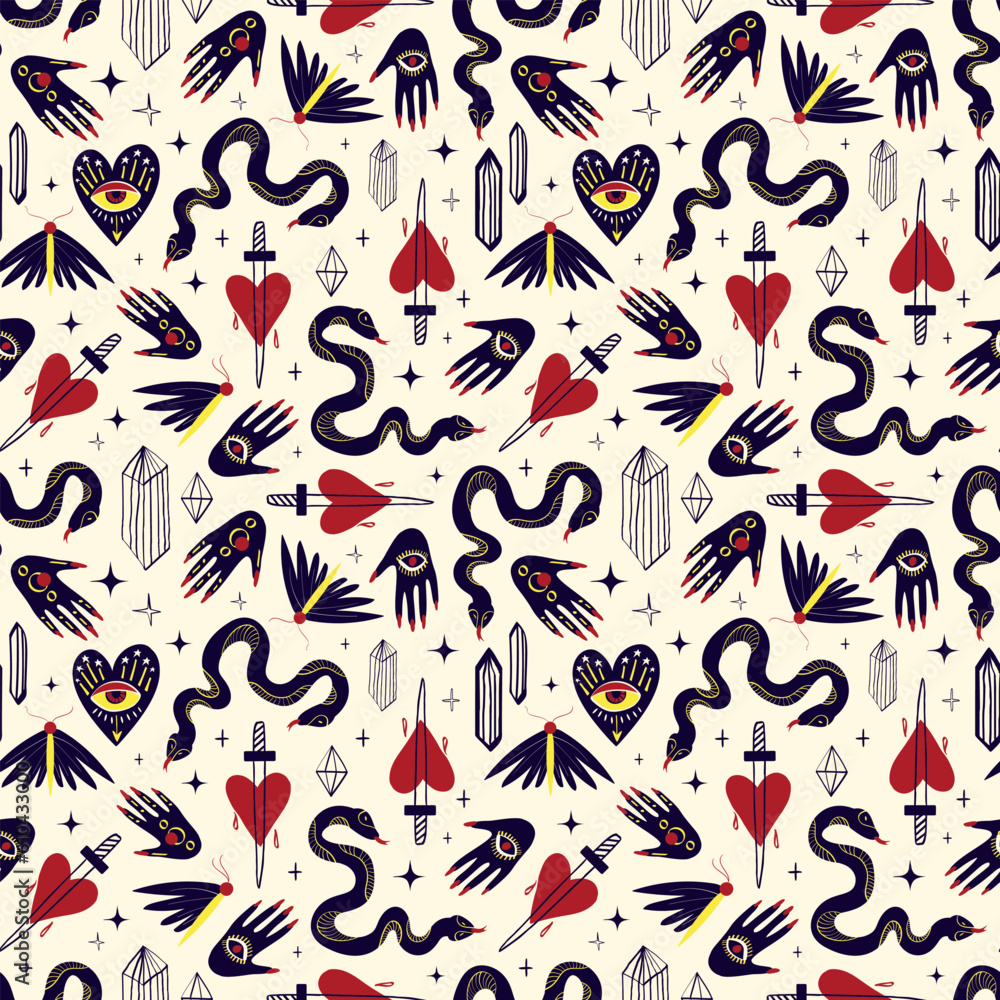 Bright funny magic pattern with bizarre mystical symbols. Background with Magic symbols in a trendy cartoon style Bright funny magic pattern with bizarre mystical symbols. Background with Magic symbols in a trendy cartoon style