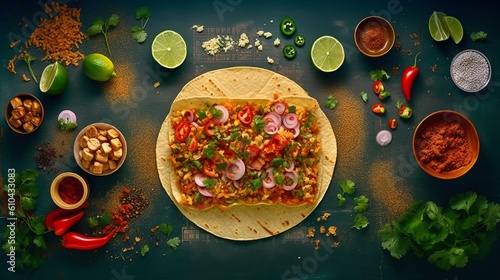 Mexican tortilla, products flatlay, pita stuffing, meat and vegetables, banner with place for text. Concept: Quick bite, fast food dish. Generative AI