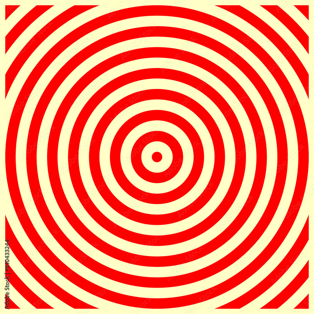 Red circles on yellow background. Symmetric geometric repeating rounds abstract. Stylized wood cutting decorative board. Water marks surface pattern design. Circular spheres borders wallpaper. Vector Red circles on yellow background. Symmetric geometric repeating rounds abstract. Stylized wood cutting decorative board. Water marks surface pattern design. Circular spheres borders wallpaper. Vector