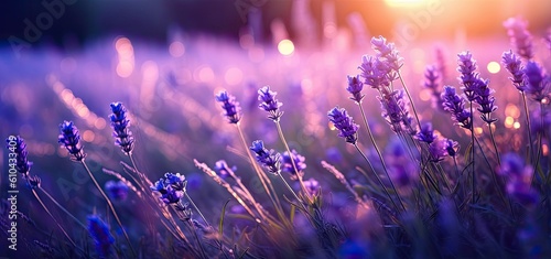 Lavender field at sunset. Blooming lavender flowers in the sunlight. Created with Generative AI tools