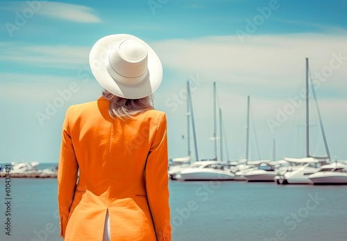 Young woman in orange suit and white hat on the background of yachts. Created with Generative AI tools