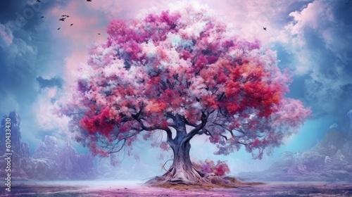 Tree with red and pink leaves in the sky. Created with Generative AI tools © DIGITALSHAPE