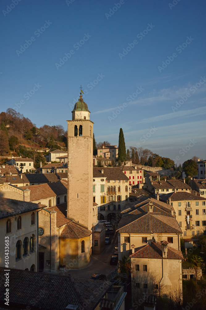 View of Asolo town with bell tower