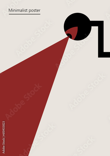 Vector illustration with security camera. Artwork, minimalist poster design in red and black colors. Abstract wall art.