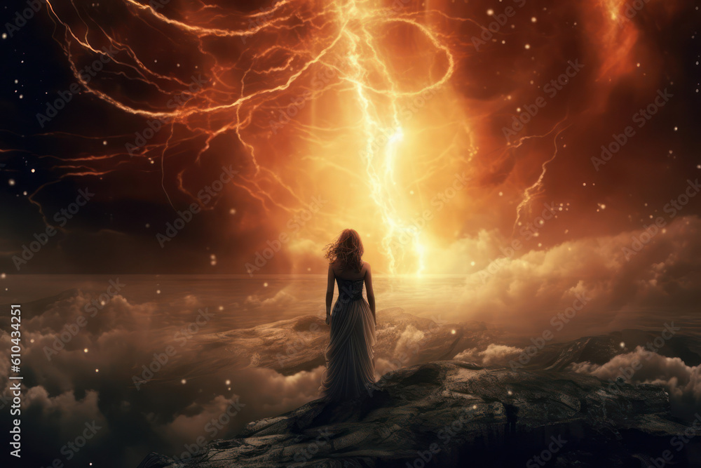 Silhouette of a woman in a cloudscape with a bright orange yellow flash of pure energy in front of her. Generative Ai. Silhouette of a woman in a cloudscape with a bright orange yellow flash of pure energy in front of her. Generative Ai.