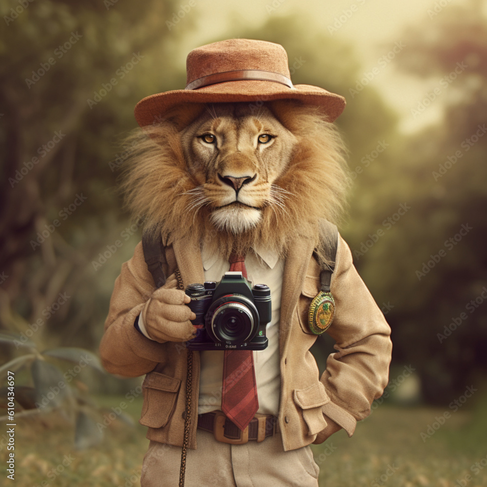 Fototapeta premium Lion holding a camera on photo safari Generative AI artwork 