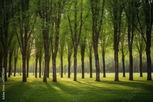 A row of trees in a large park. AI generative