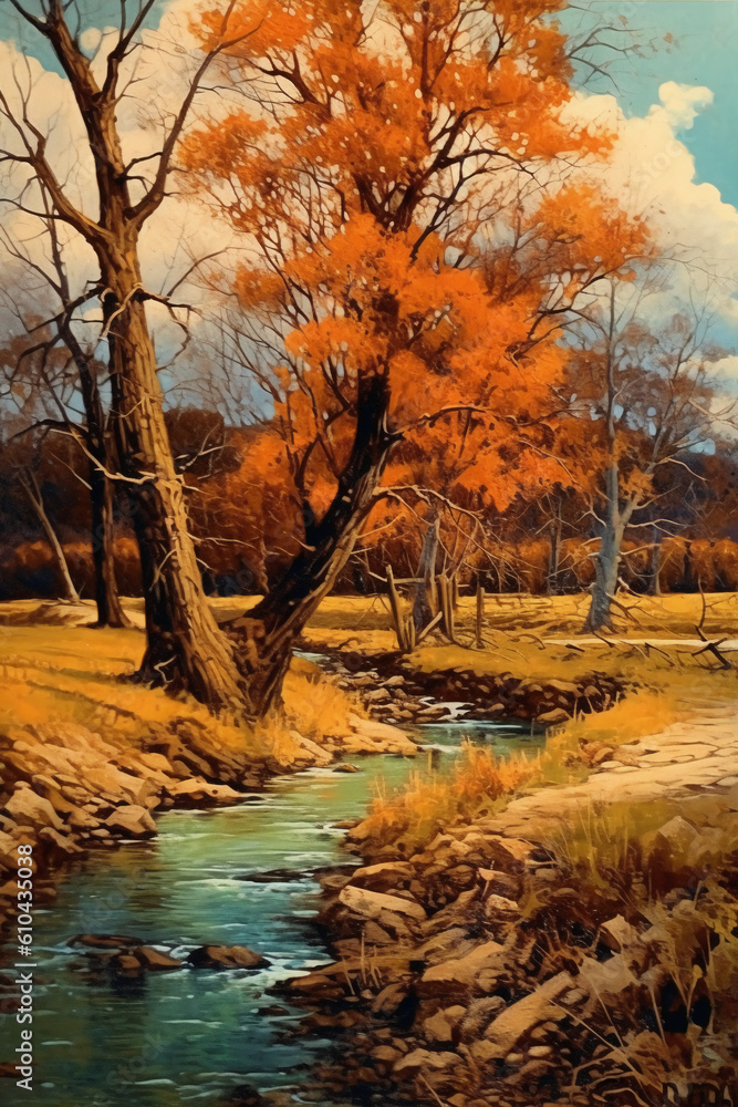 A tree in the creek, in the style of pastoral landscape. AI generative