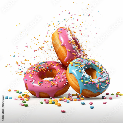  Three sweet donuts with multicolored fruit glaze and sprinkles decorated. Bakery ad design elements with glazed frosted falling doughnuts isolated, white background 