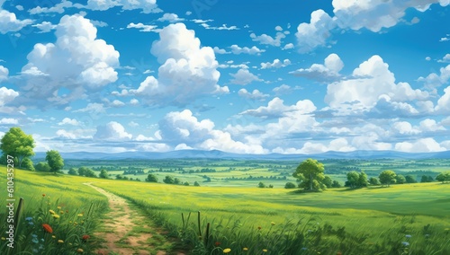Impression of a field with clouds and blue sky  flat style cartoon painting illustration