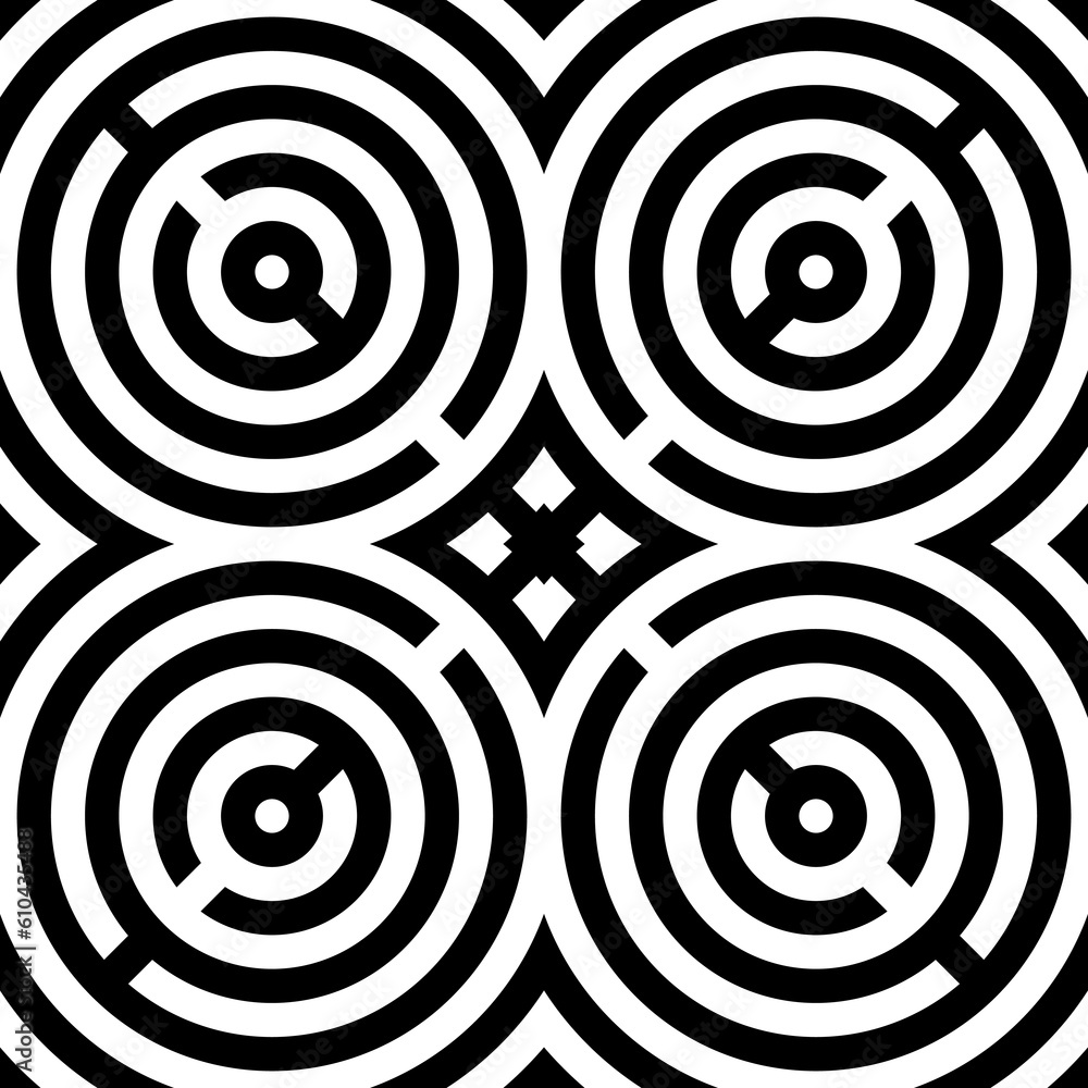 Black stylized circles on white background. Seamless circular surface pattern design. Symmetric geometric repeating rounds abstract. Rings wallpaper. Digital paper. Interior decorative board. Vector Black stylized circles on white background. Seamless circular surface pattern design. Symmetric geometric repeating rounds abstract. Rings wallpaper. Digital paper. Interior decorative board. Vector