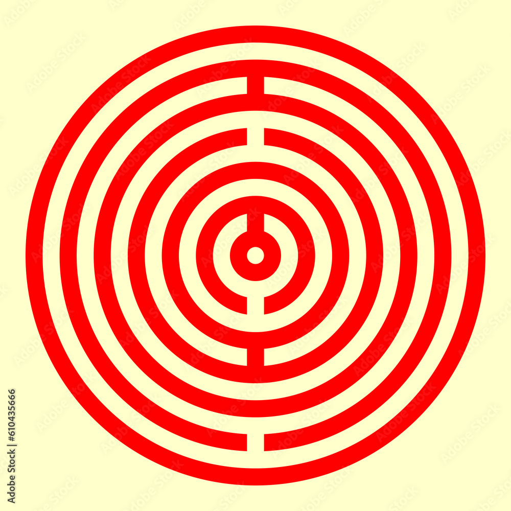 Red stylized circles on yellow background. Symmetric geometric repeating rounds abstract. Interior decorative board. Circular surface pattern design. Rings spheres borders wallpaper. Vector Red stylized circles on yellow background. Symmetric geometric repeating rounds abstract. Interior decorative board. Circular surface pattern design. Rings spheres borders wallpaper. Vector