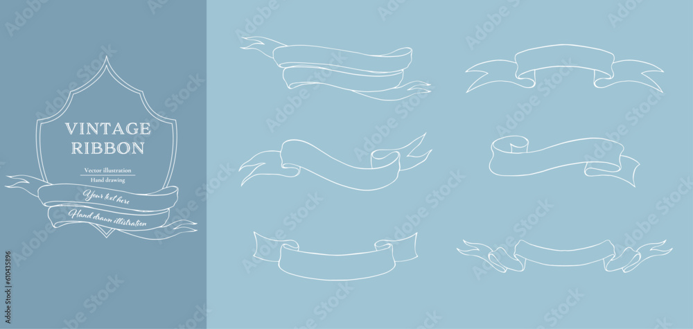 White line vintage ribbon banner vector set. Hand drawn line art.